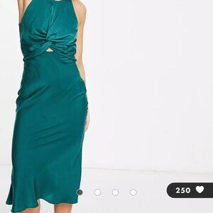 ASOS DESIGN knot front satin midi dress with tie back detail in green